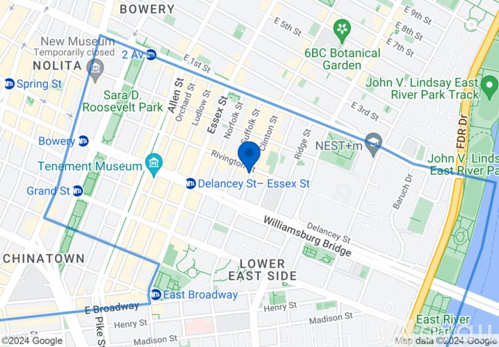 A map shows a section of Bowery Street and surrounding areas.