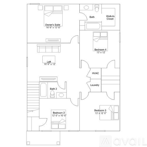A floor plan of an apartment with three bedrooms and a layout of the rooms.