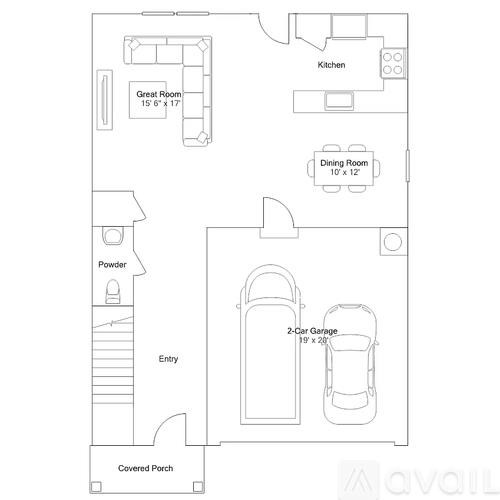 A floor plan of a house with a kitchen, dining room, great room, powder room, entry, and covered porch.