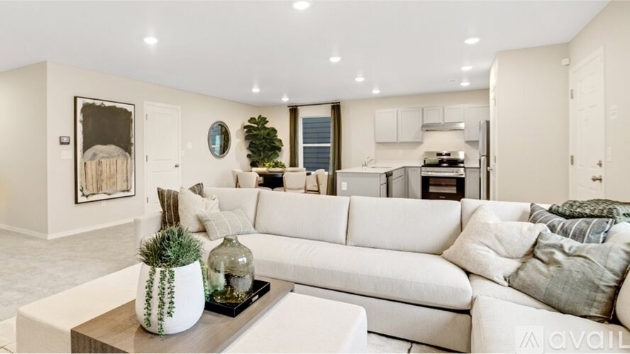A modern living room with a white sofa and a coffee table with a vase and succulent on it.