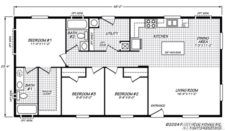 A black and white image of a house floor plan with three bedrooms, a living room, a kitchen, a dining area, and a utility space.
