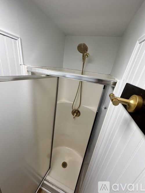 A white bathroom with a gold shower head and a gold door handle.