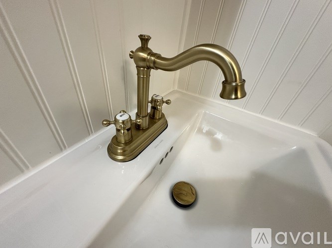A white sink with a brass faucet and a coin on it.