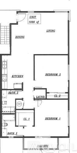 A floor plan of a two bedroom apartment with a living room, kitchen, and two bathrooms.