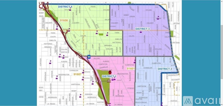 A map shows District 1, District 2, and District 3 with various roads and areas labeled.