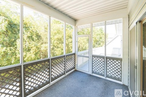 A sunny room with a view of trees through the windows.