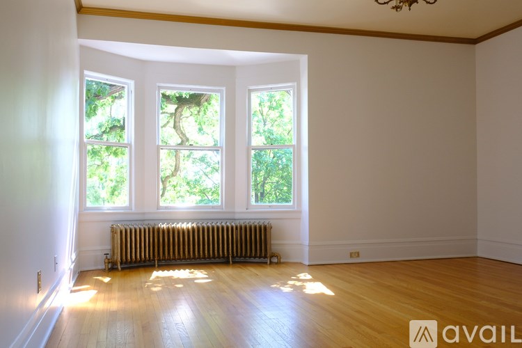 A room with wooden floors and three windows with a view of trees outside.