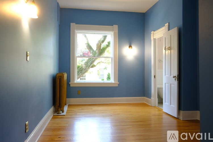 A room with blue walls and a window with a plant outside.
