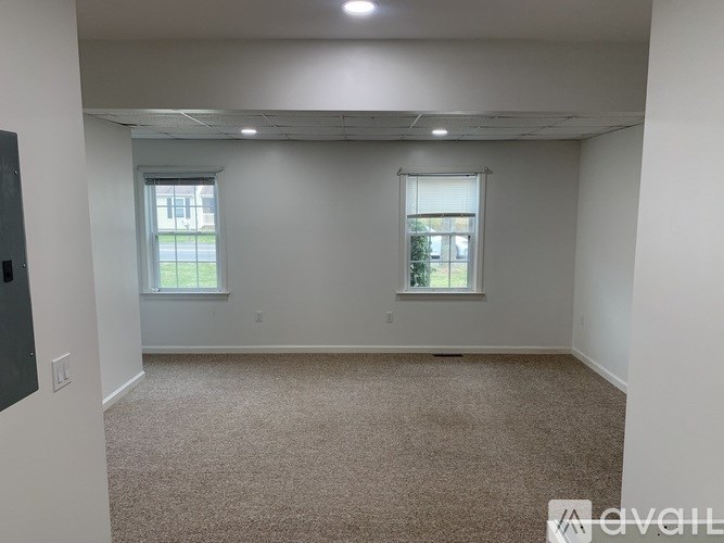 A room with carpeted floor and two windows.