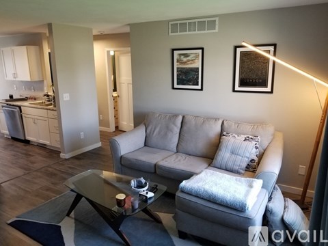 A living room with a grey couch and a glass table.