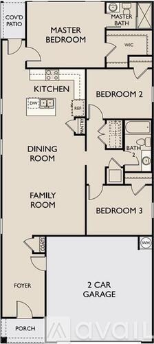A floor plan of a house with a master bedroom, two bedrooms, a kitchen, a dining room, a family room, a foyer, a porch, and a 2 car garage.