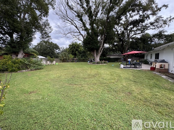 A backyard with a lawn, trees, and a house in the background.
