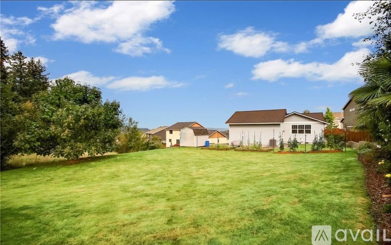 A large grassy yard with a house in the background.