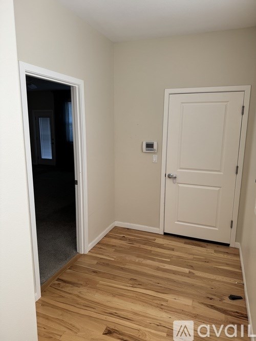 A room with a white door and a window with a black curtain.