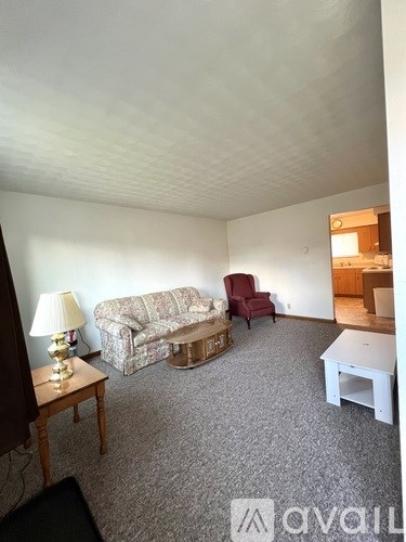 A living room with a grey carpet and furniture including a sofa, armchair, and coffee table.