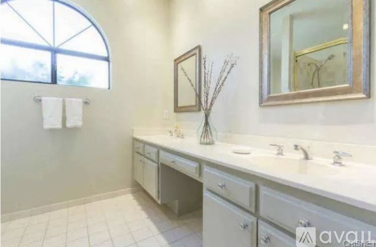 A bathroom with a vanity, mirror, and a vase with branches.