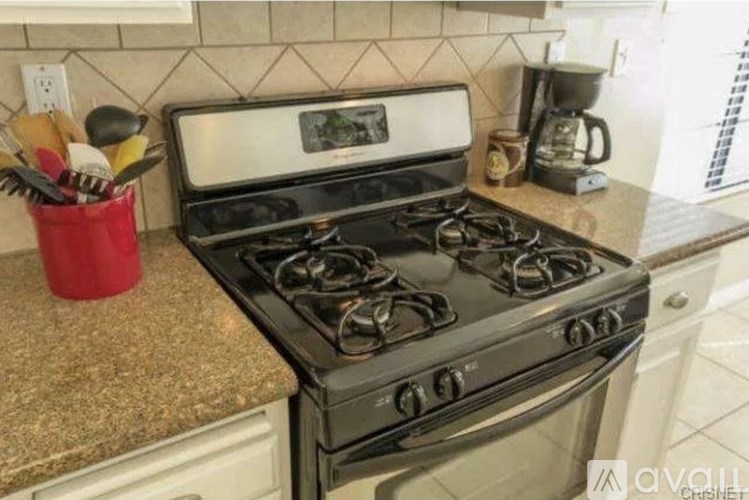 A black stove top oven with a red container of utensils on the counter.