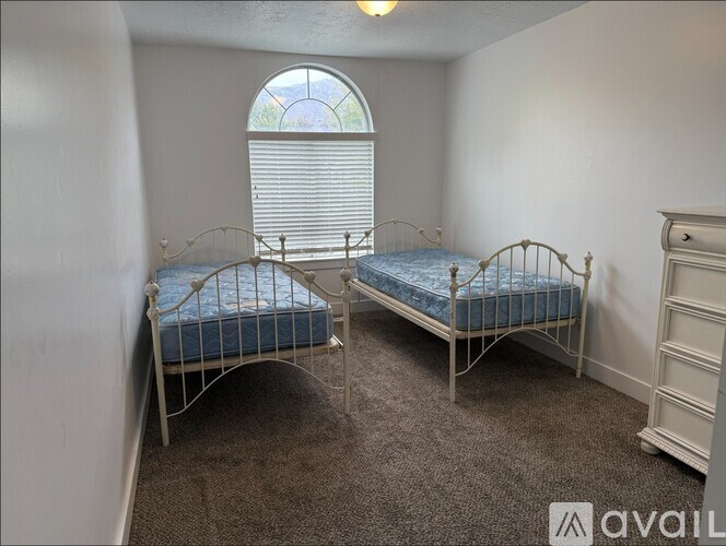 Two twin beds in a room with a window and a dresser.