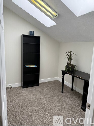 A room with a black bookshelf and a small table with a plant on it.