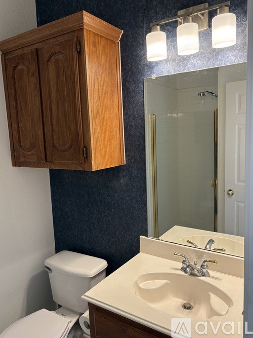 A bathroom with a toilet, sink, and mirror.