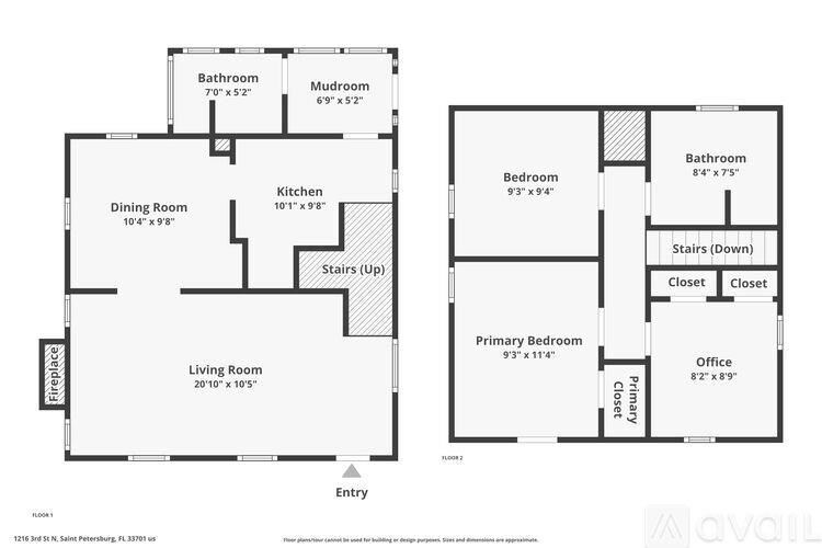 A floor plan of a two-story home with a living room, dining room, kitchen, two bedrooms, two bathrooms, and an office.