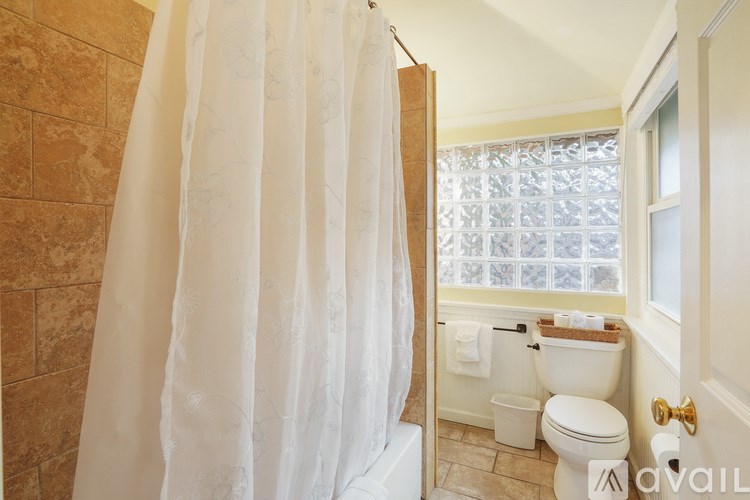 A bathroom with a toilet, a tub, and a shower curtain.