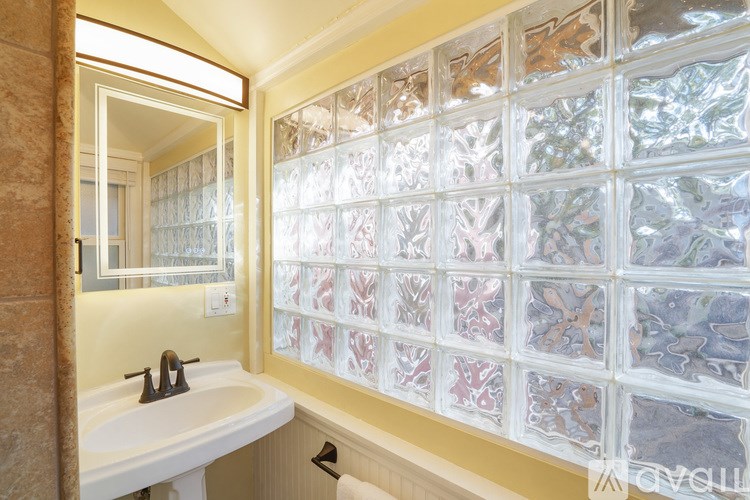 A bathroom with a white sink and a wall of glass blocks.