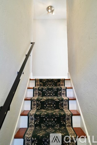 A staircase with a black railing and a patterned carpet.