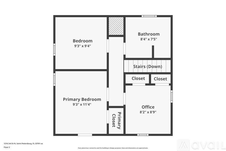 A floor plan of a house with a primary bedroom, a secondary bedroom, an office, and a bathroom.