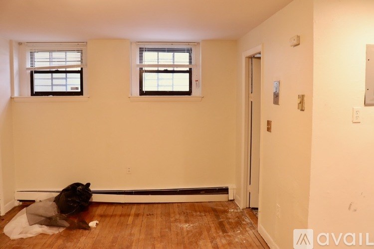 A black dog is laying on the floor in a room with wooden floors and two windows.