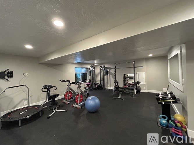 A well-equipped home gym with a variety of exercise equipment.