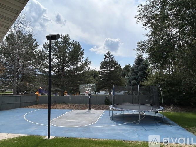A basketball court with a trampoline in the middle.