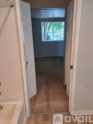 A carpeted hallway with a door on the left and a window on the right.