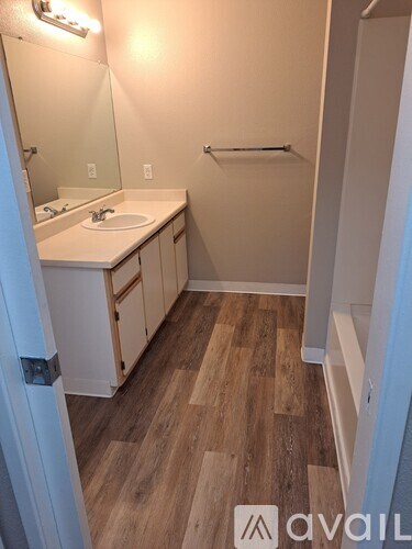 A bathroom with a sink, mirror, and wooden floors.