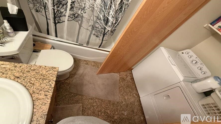 A bathroom with a toilet, sink, and a washing machine.