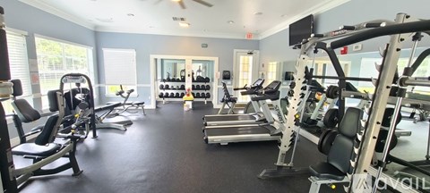 A gym with a variety of equipment including treadmills, weights, and a television.