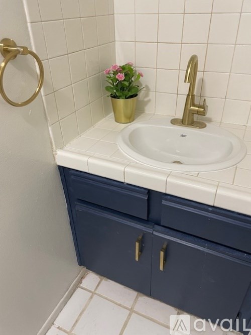 A white sink is on a counter with a gold faucet.