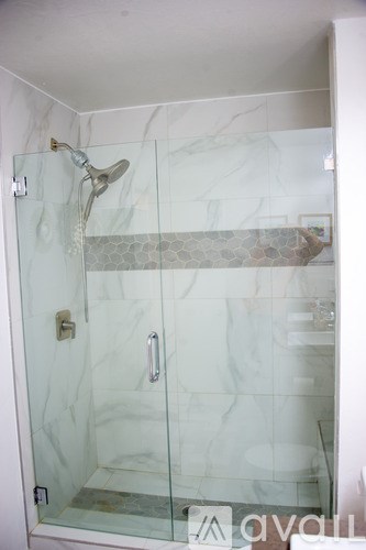 A glass shower door with a silver handle and a glass shelf.