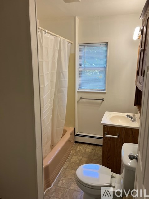 A bathroom with a toilet, sink, and shower.