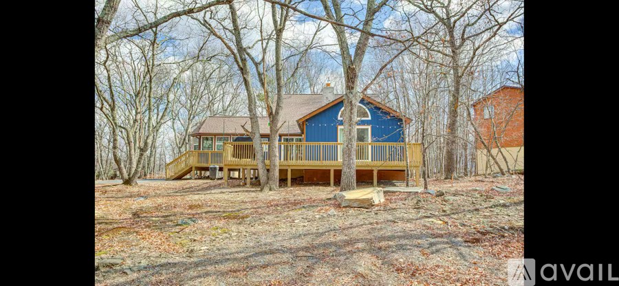 A blue house with a wooden deck surrounded by bare trees.