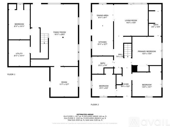 A floor plan for a two-story home with two bedrooms, two bathrooms, a living room, dining area, kitchen, and family room.