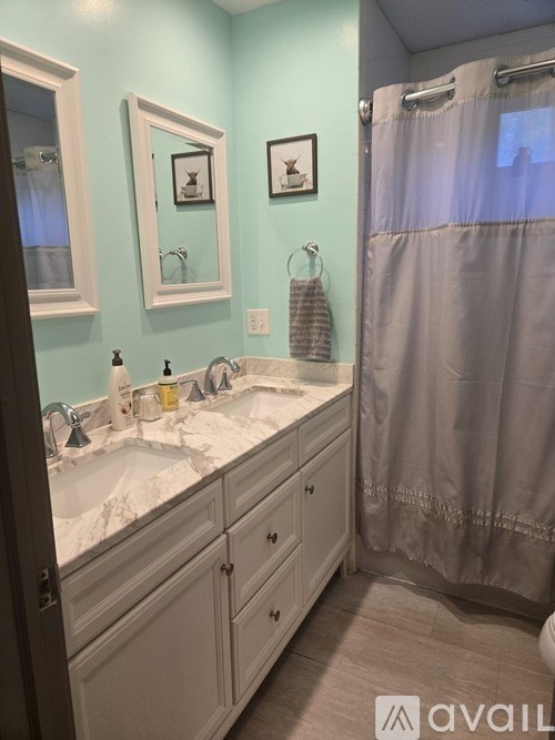 A bathroom with a white sink and a grey shower curtain.