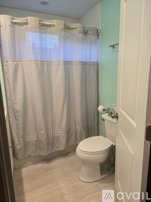 A white toilet sits in a bathroom with a shower curtain and a white door.