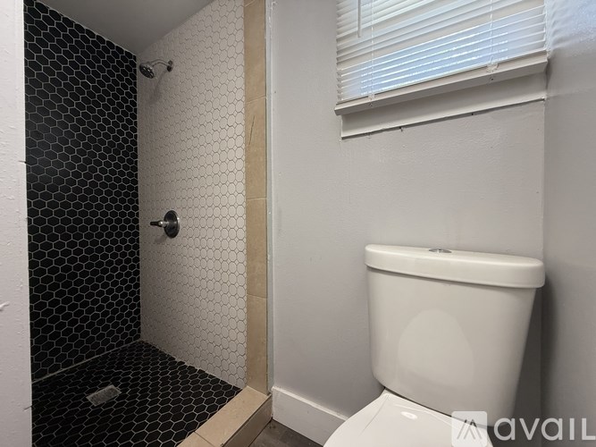 A bathroom with a toilet and a shower with a black tile.