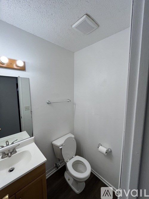 A white toilet is in a small bathroom with a sink and mirror.