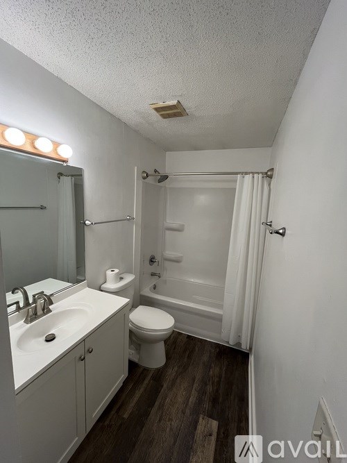 A bathroom with a toilet, sink, and shower.