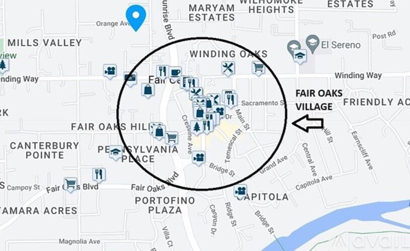 A map shows a section of a city with roads, buildings, and a river.