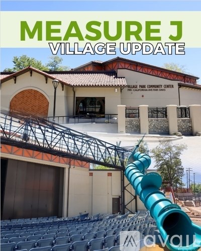 A poster with the title "MEASURE J VILLAGE UPDATE" featuring a water slide and a community center.