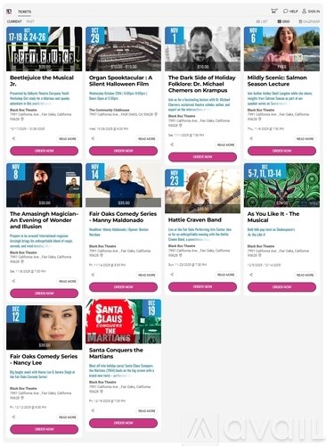 A webpage displays a list of events with dates, times, and ticket prices.