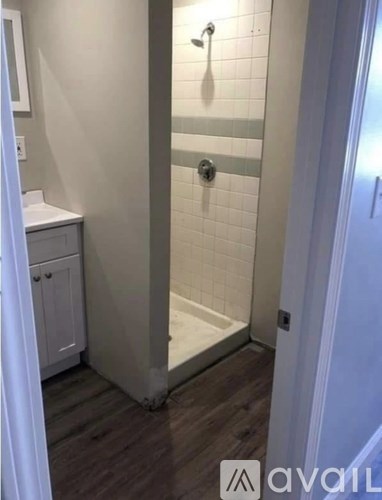A bathroom with a white shower and a white cabinet.